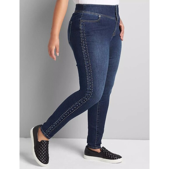 Lane Bryant Jegging 20 Blue Flex Magic Waist 3-Button Jeans Rhinestones Studs - Picture 5 of 7